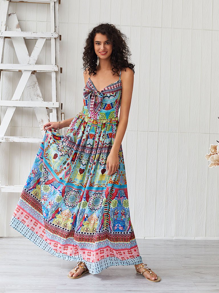 Boho Dress Spaghetti Strap Bow Split Floral Printed Maxi Dress