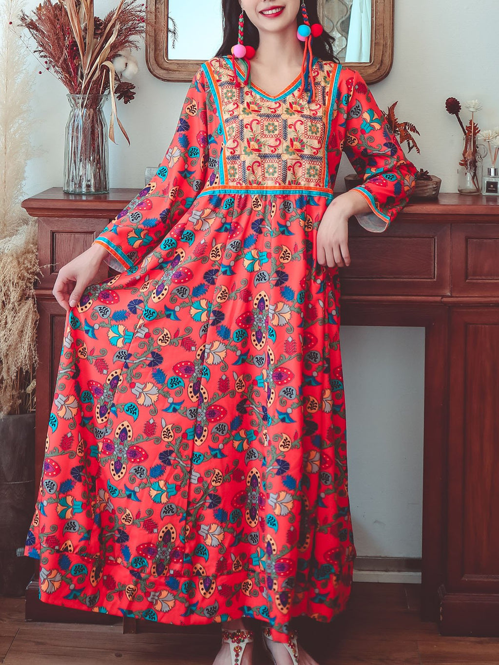 Jolly Vintage Embroidered Printed Floral V Neck Long Sleeves Boho Maxi Dress