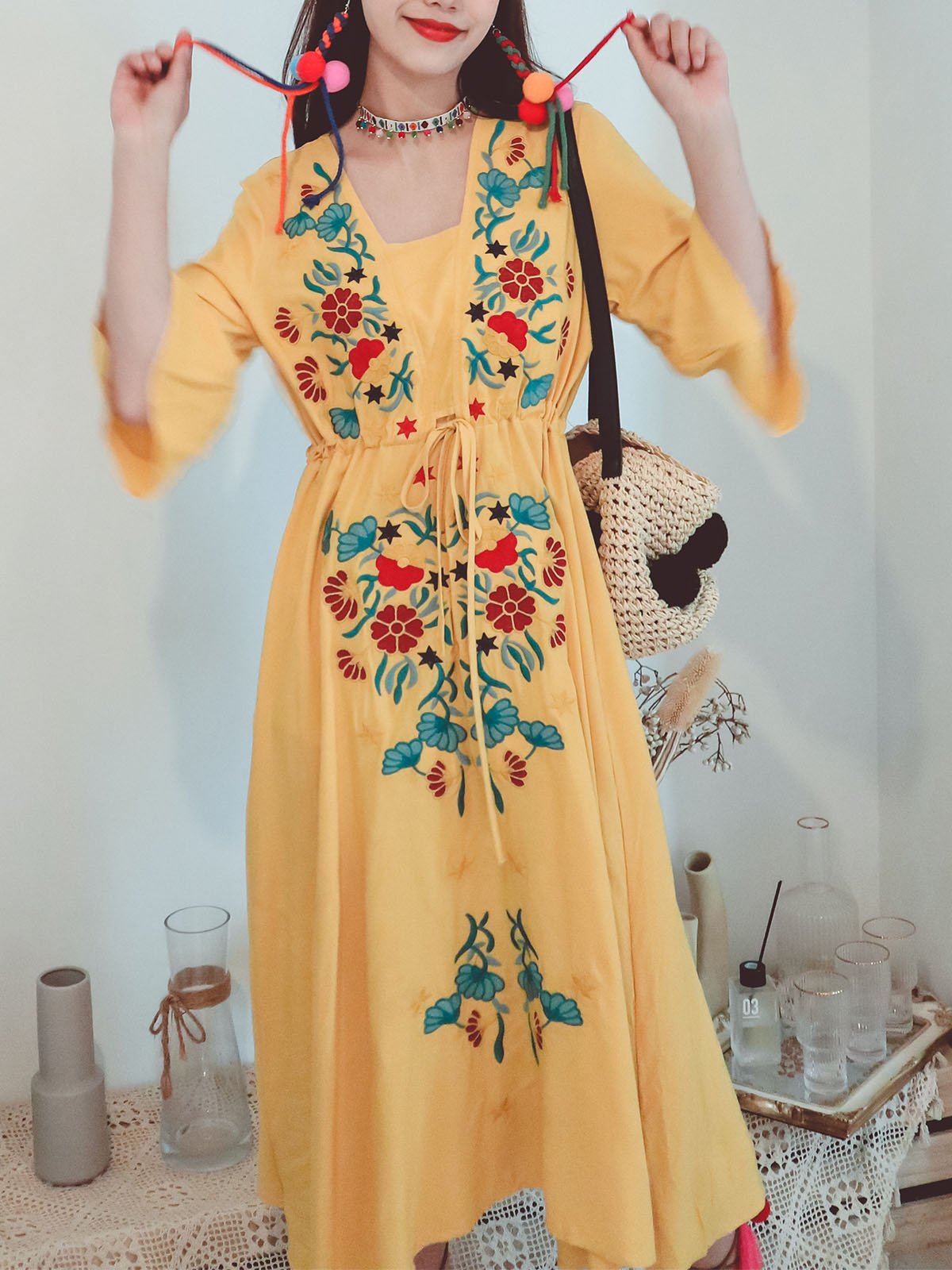 Cotton Embroidered Floral Square Neck Flared Half Sleeve Maxi Boho Dress