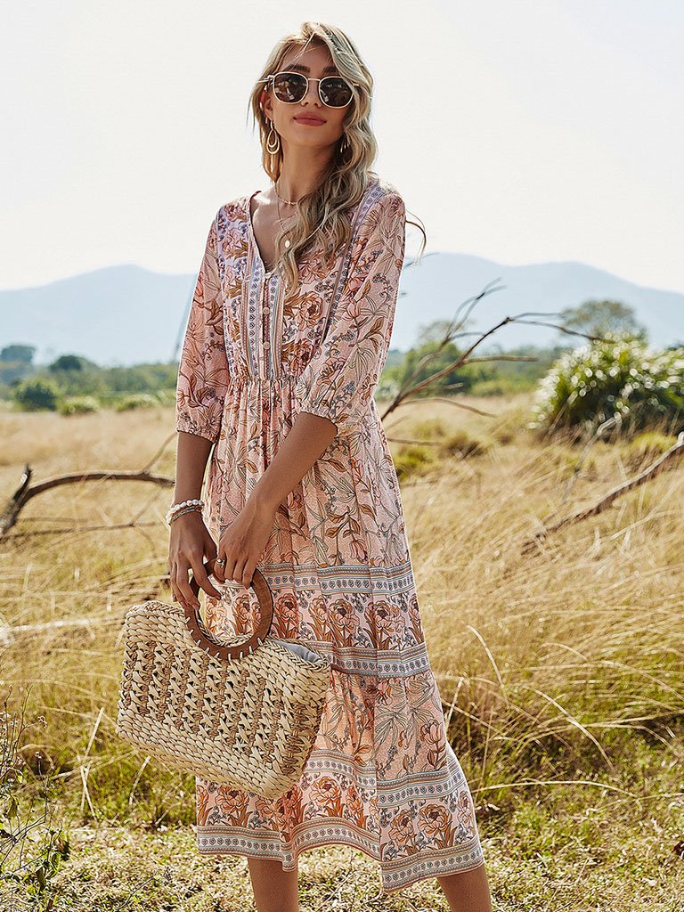 Floral Boho Dress Half Sleeve V Neck Beach Party Dress