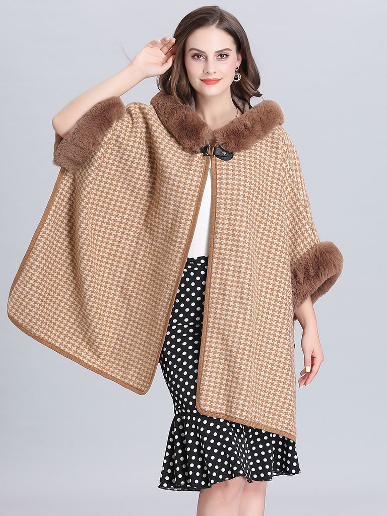 Faux Fur Coat Wool Cape Coat Hooded Long Sleeve Gingham Overcoat