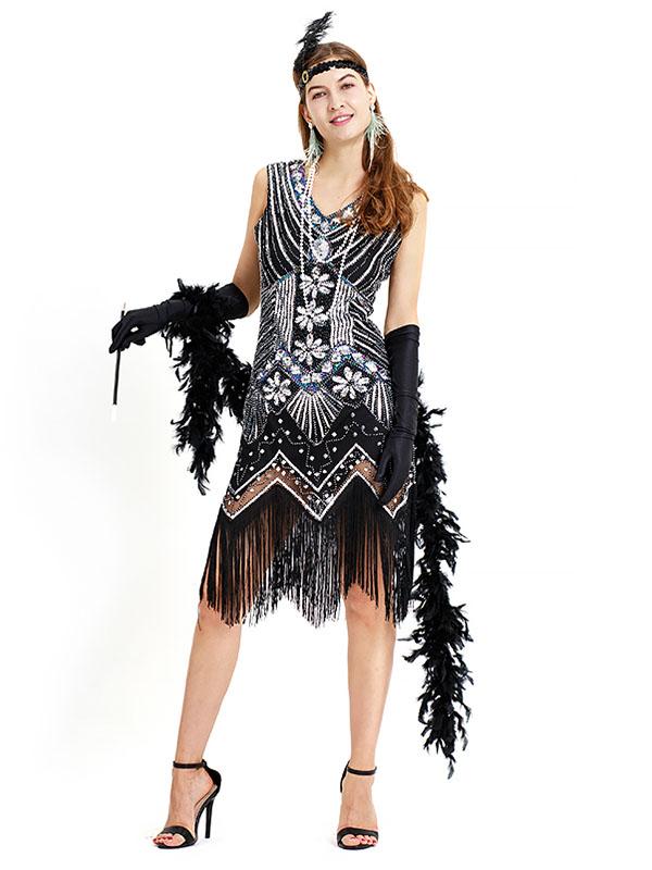 Black Silver 1920s V Neck Sequined Flapper Dres