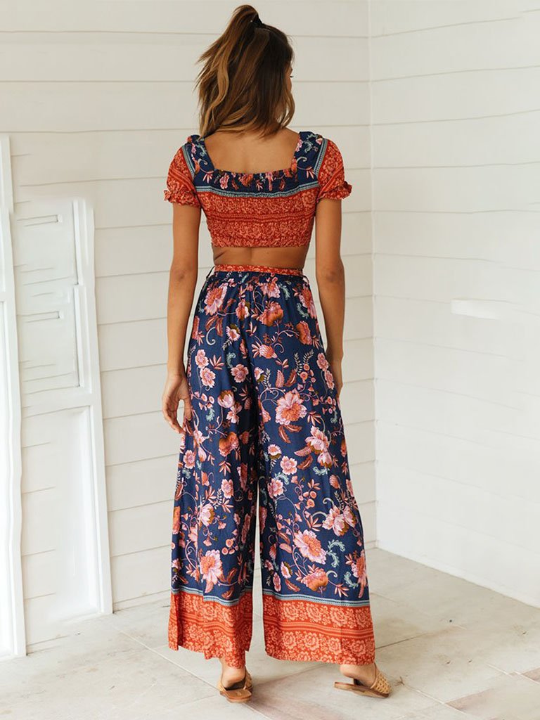 2 Pieces Boho Outfits Cropped Floral Printed Beach Wear For Women