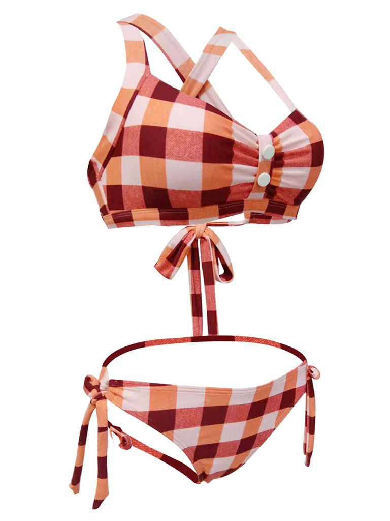High Waisted Retro Style Backless Plaid Two Pieces Bikini Sets