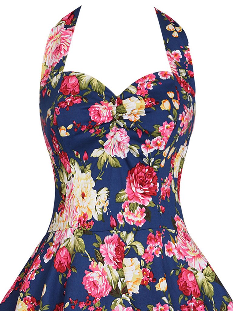 Sweet Floral Halter Cotton 50s Swing Dress