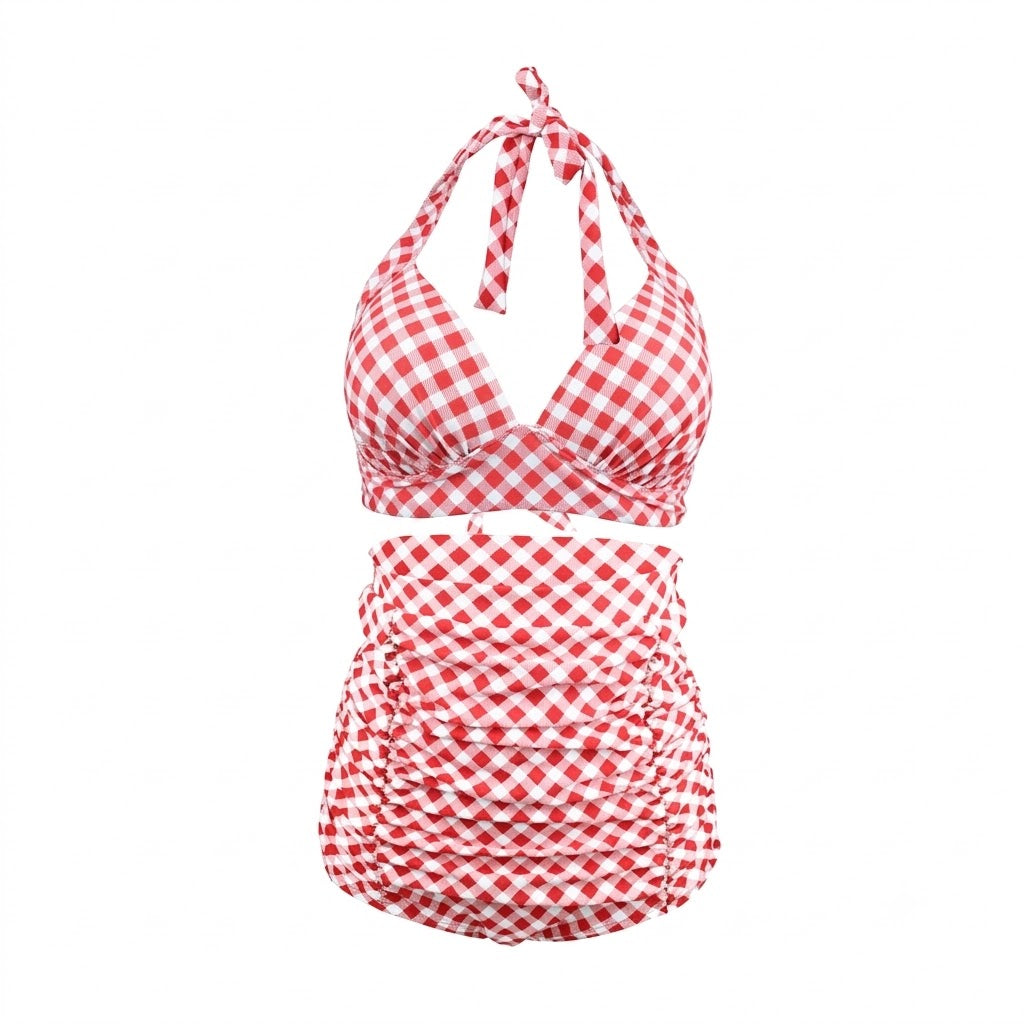 Retro Style Pink Plaid Halter Backless High-Waisted Bikini Set