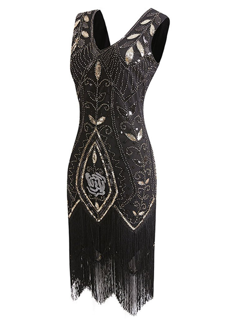 1920s Floral Sequined Fringe Flapper Dress