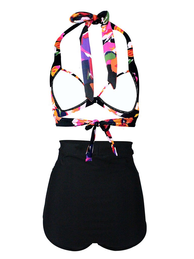Floral Print Halter Backless Retro Style Binikis High Wasited Swimwear Bathing Suit