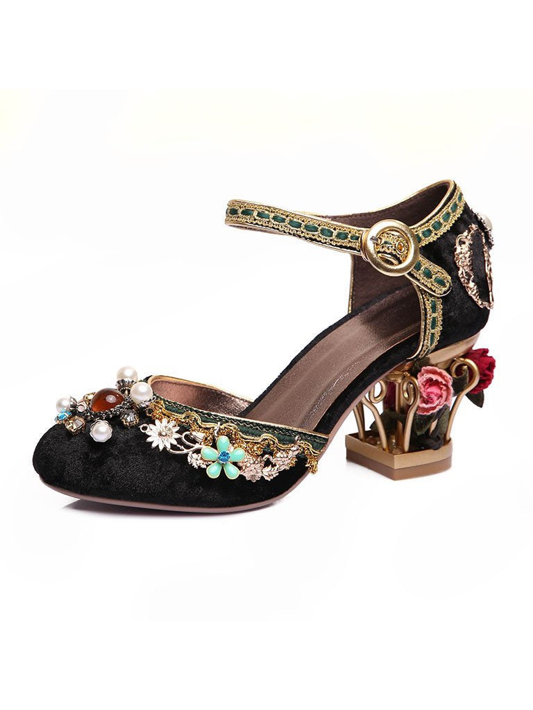 Luxury Floral Gem Studded Heels Ankle Strap Vintage Wedding Shoes