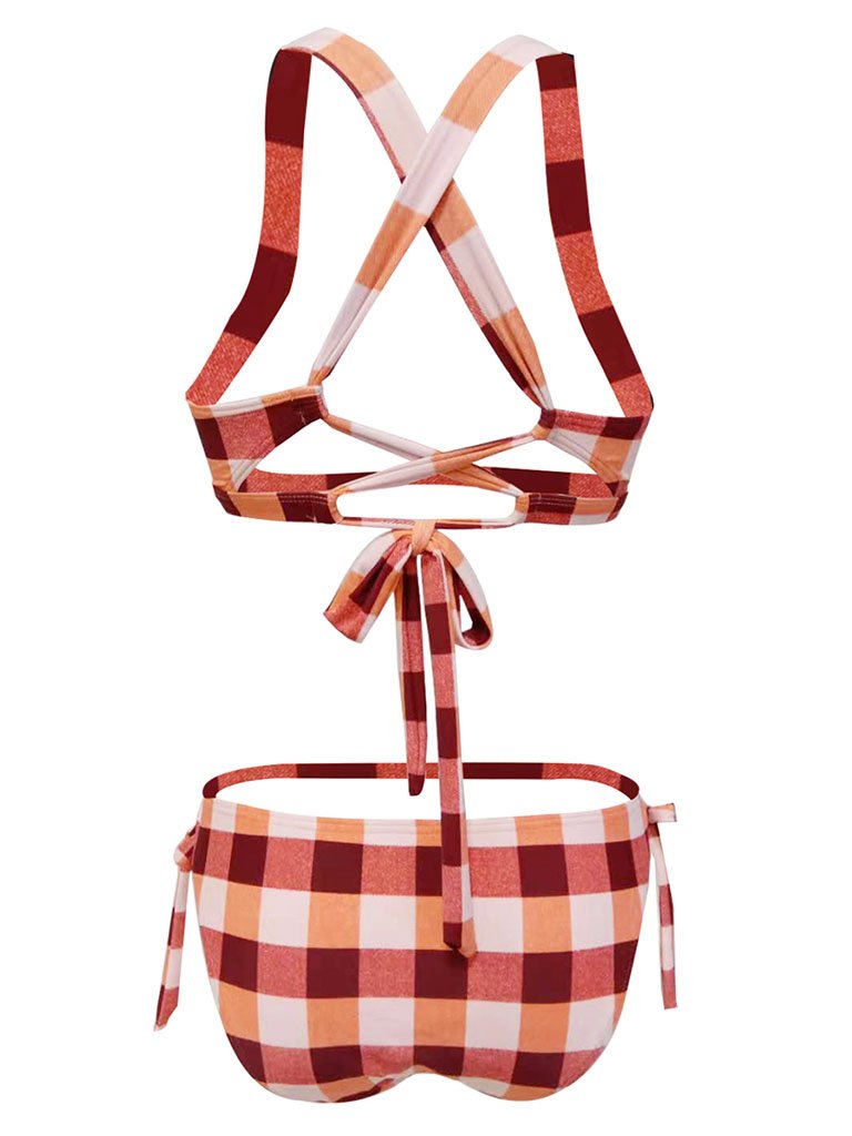 High Waisted Retro Style Backless Plaid Two Pieces Bikini Sets