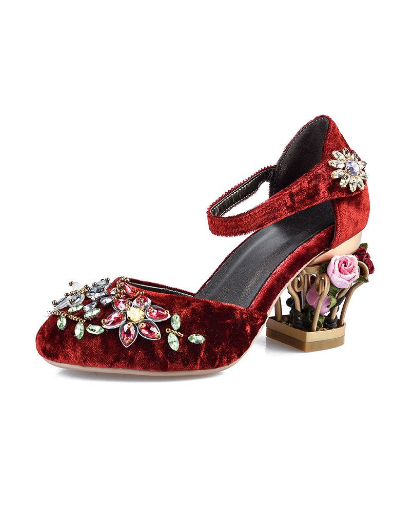 Luxury Womens Sheepskin Pointed Toe Flowers Rhinestones Mary Jane Vintage Pumps
