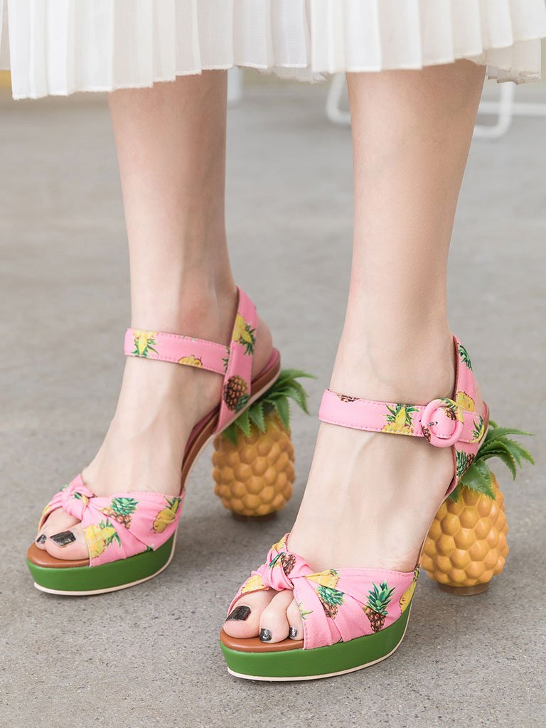 Fruit Heel Pineapple Print Platform Bow Vintage Sandals