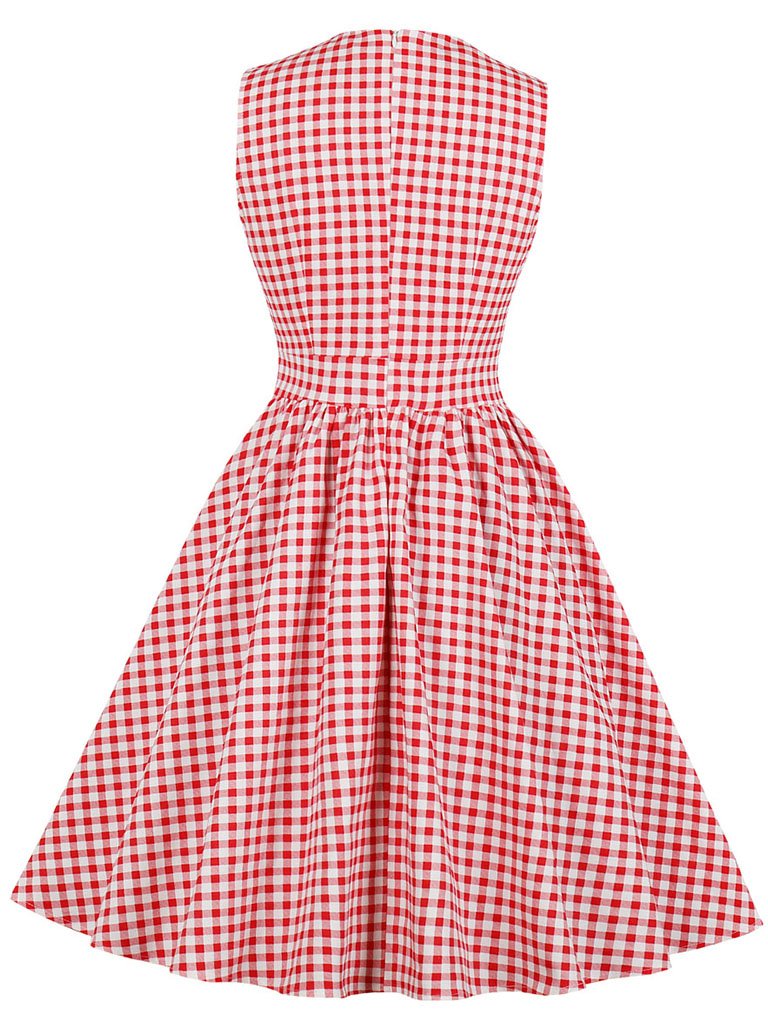 1950s V Neck Red Plaid Vintage Dress