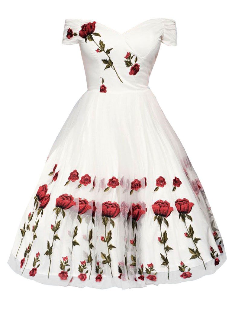 Off Shoulder 1950s Rose Embroidery Dress