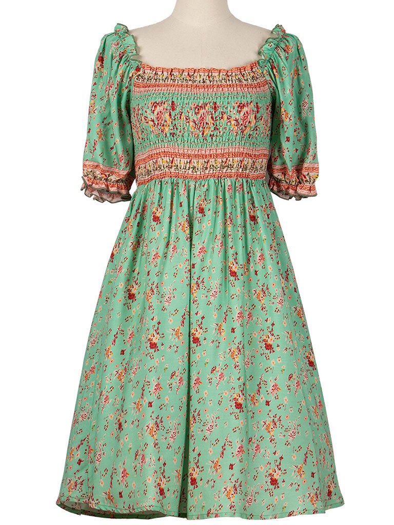 Green Floral Boho Dress Short Ruffle Sleeve Square Neck Beach Dress