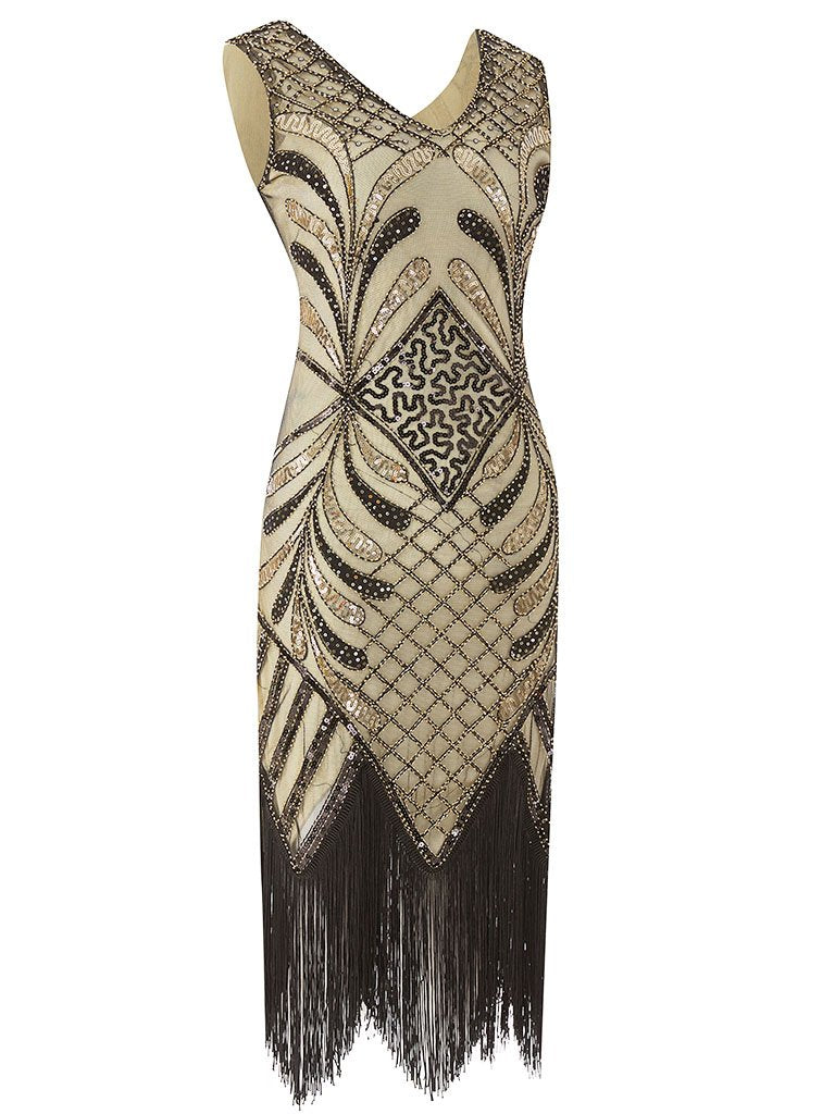 Black 1920s V Neck Sequined Flapper Dress