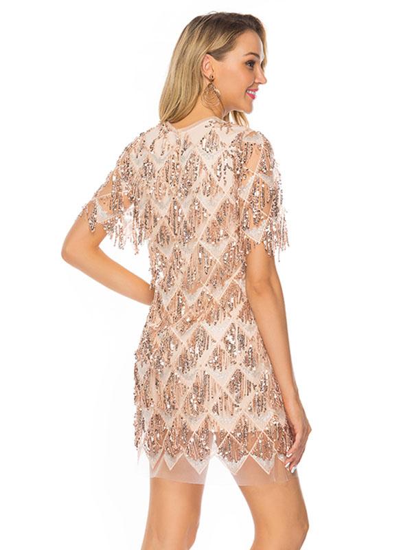 Sequin O Neck  Fringe Party Prom Dress