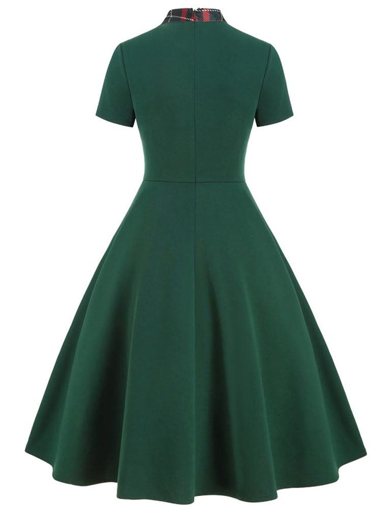 1950S Bow Collar Plaid Swing Dress