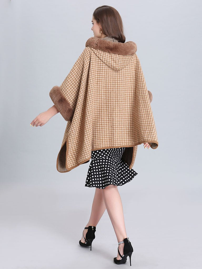 Faux Fur Coat Wool Cape Coat Hooded Long Sleeve Gingham Overcoat