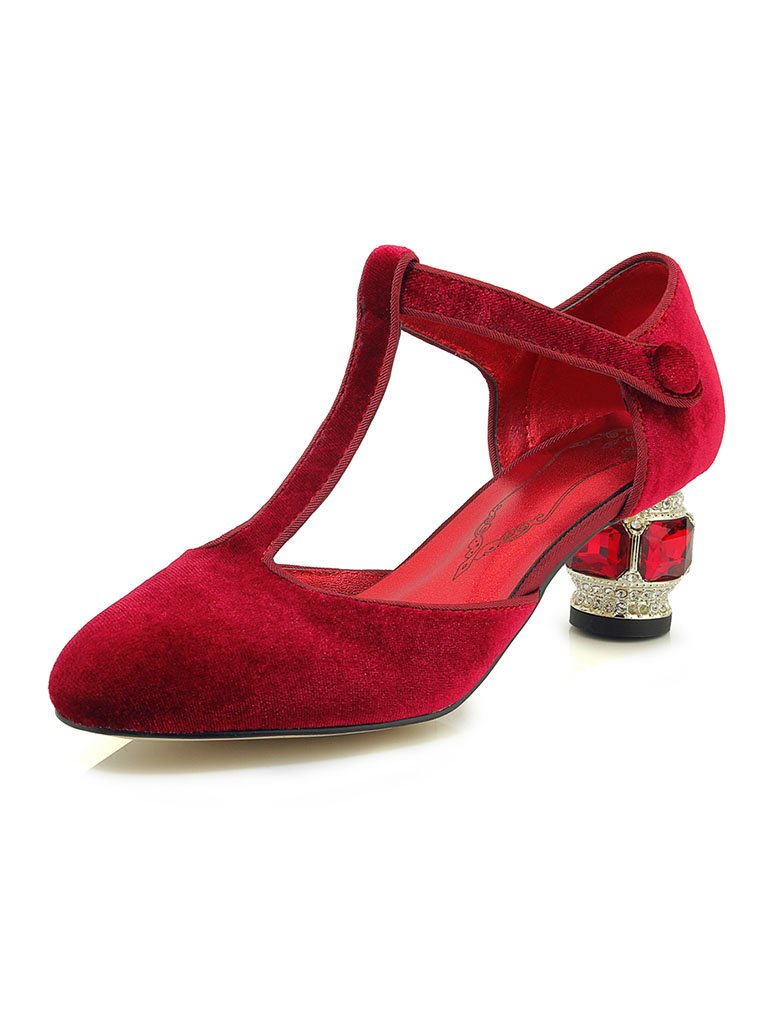 Velvet Rhinestone Chunky Heel  Vintage Shoes