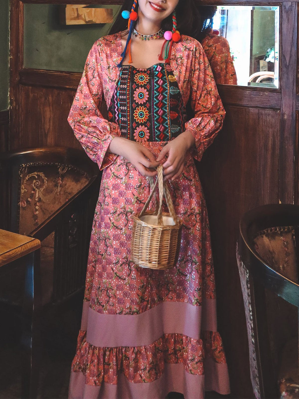 Bohemian Floral Printed Embroidered Square Neck 3/4 Pleated Sleeve Boho Maxi Dress