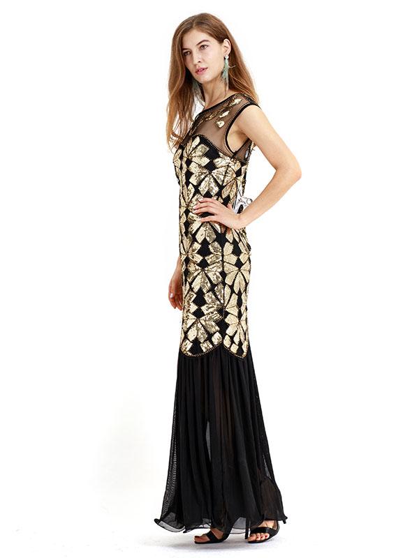 Black Gold 1920s Crew Neck Sequined Flapper Dres