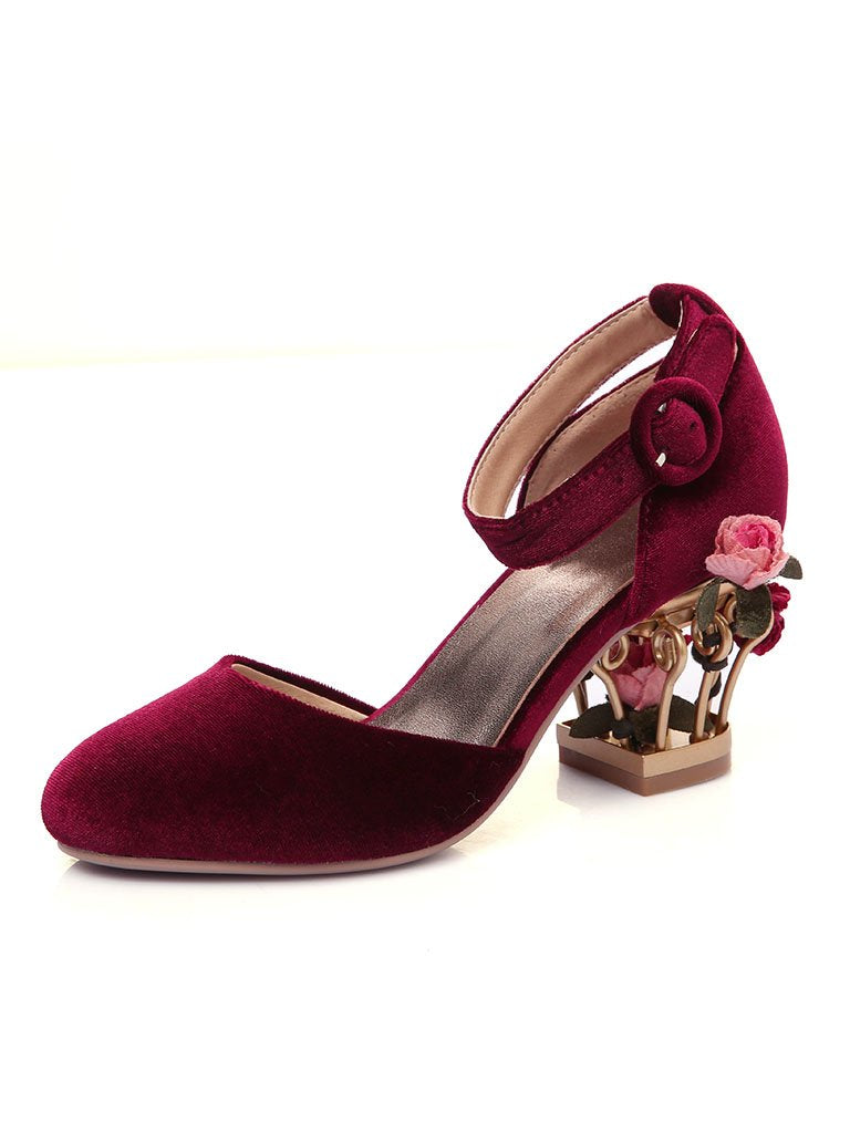 Luxury Velvet Shoes Round Toe Gold Metallic Fretwork Floral Heels