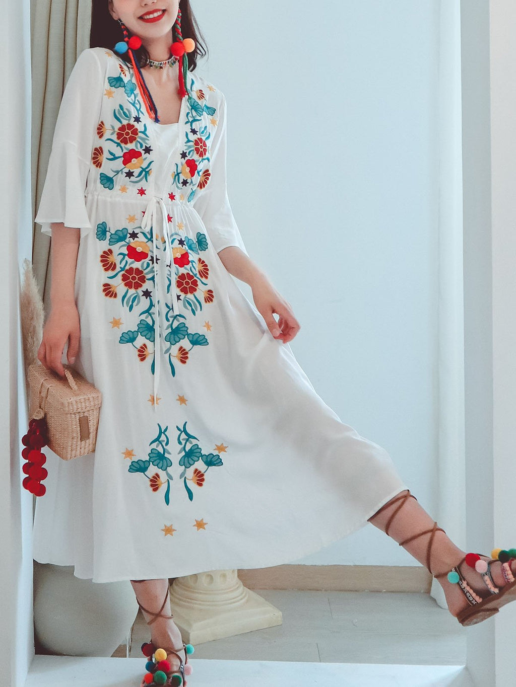 Cotton Embroidered Floral Square Neck Flared Half Sleeve Maxi Boho Dress