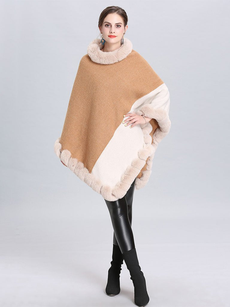 Faux Fur Coat Wool Cape Coat Hooded Long Sleeve Overcoat