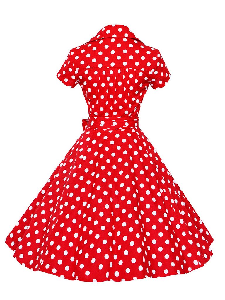 Elegant High Waist V Neck Short Sleeve Dots Vintage Dress
