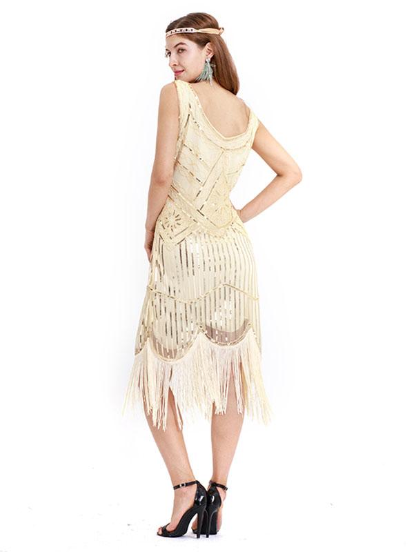 Apricot 1920s Crew Neck Sequined Fringed Flapper Dress