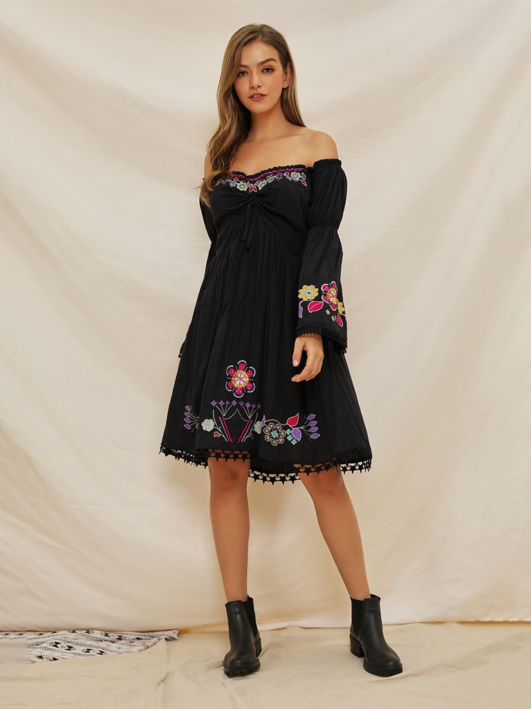 Boho Dress Black Off Shoulder Floral Embroidered Dress