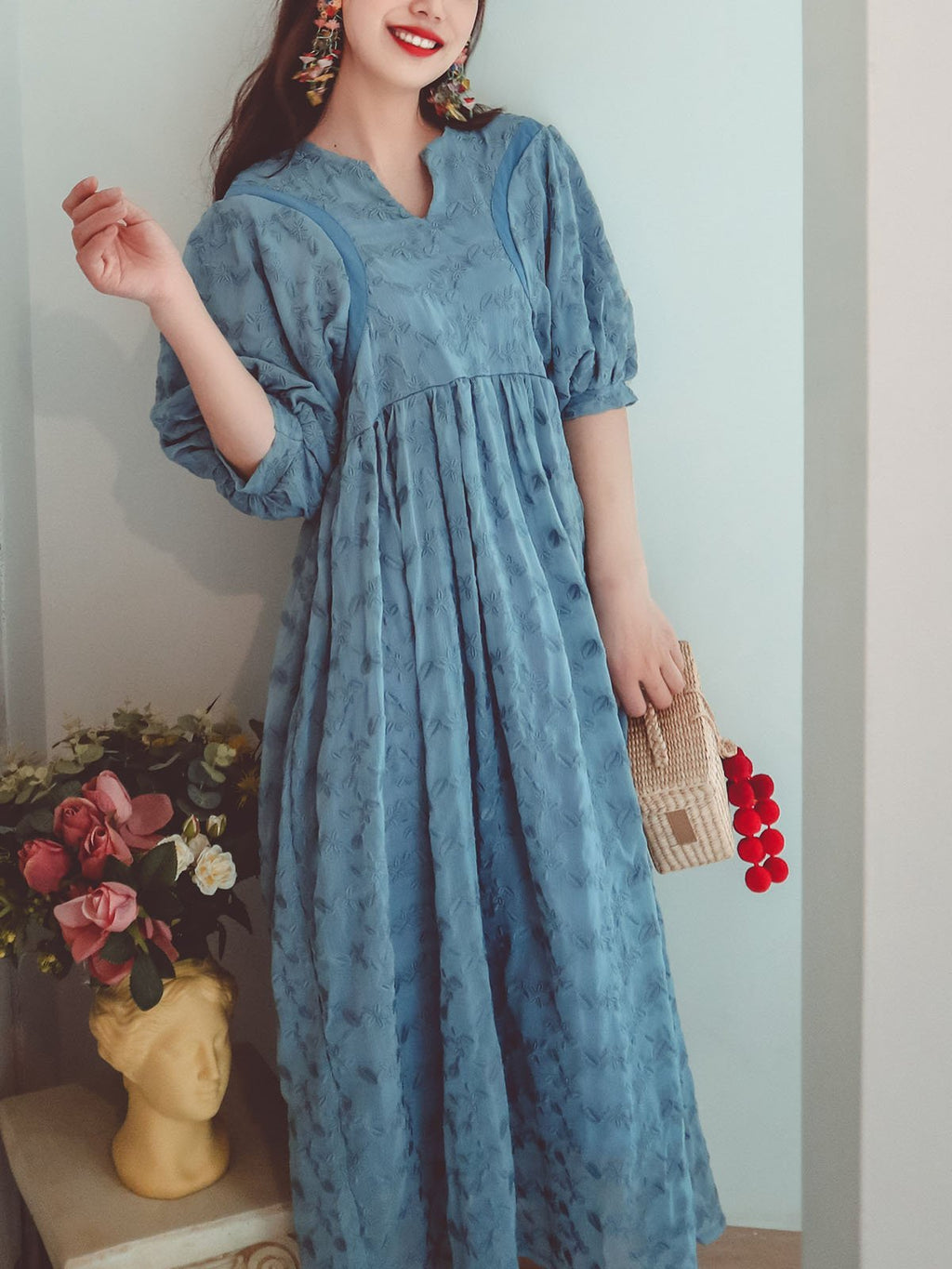 Embroidered Floral Lace Solid Backgrand V Neck Half Sleeve Maxi Boho Dress