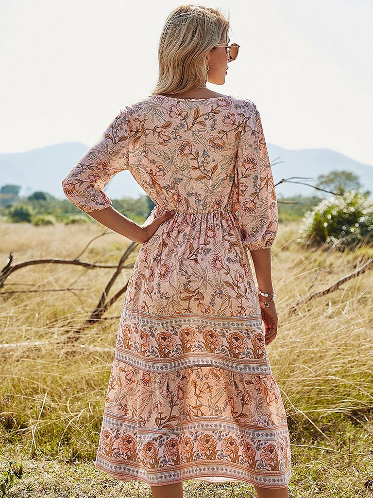 Floral Boho Dress Half Sleeve V Neck Beach Party Dress