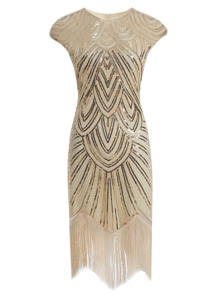 1920s Champagne Fringed Sequined Flapper 1920s Great Gatsby Dress
