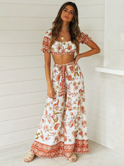 2 Pieces Boho Outfits Cropped Floral Printed Beach Wear For Women