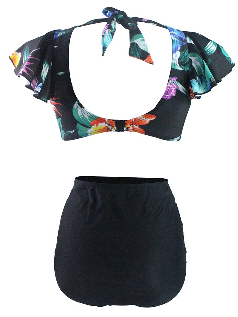 Black Floral 3D Print V Neck Retro Style Bikinis Swimsuits Bathing Suit