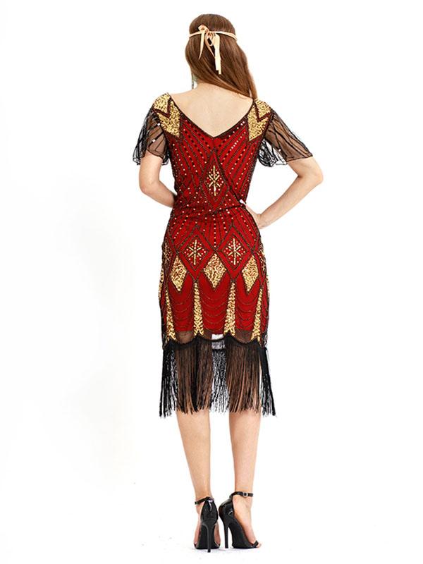 Red Gold 1920s V Neck Sequined Flapper Dress
