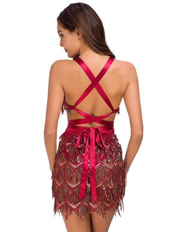 Deep V Sequin Back Cross Mini Dress
