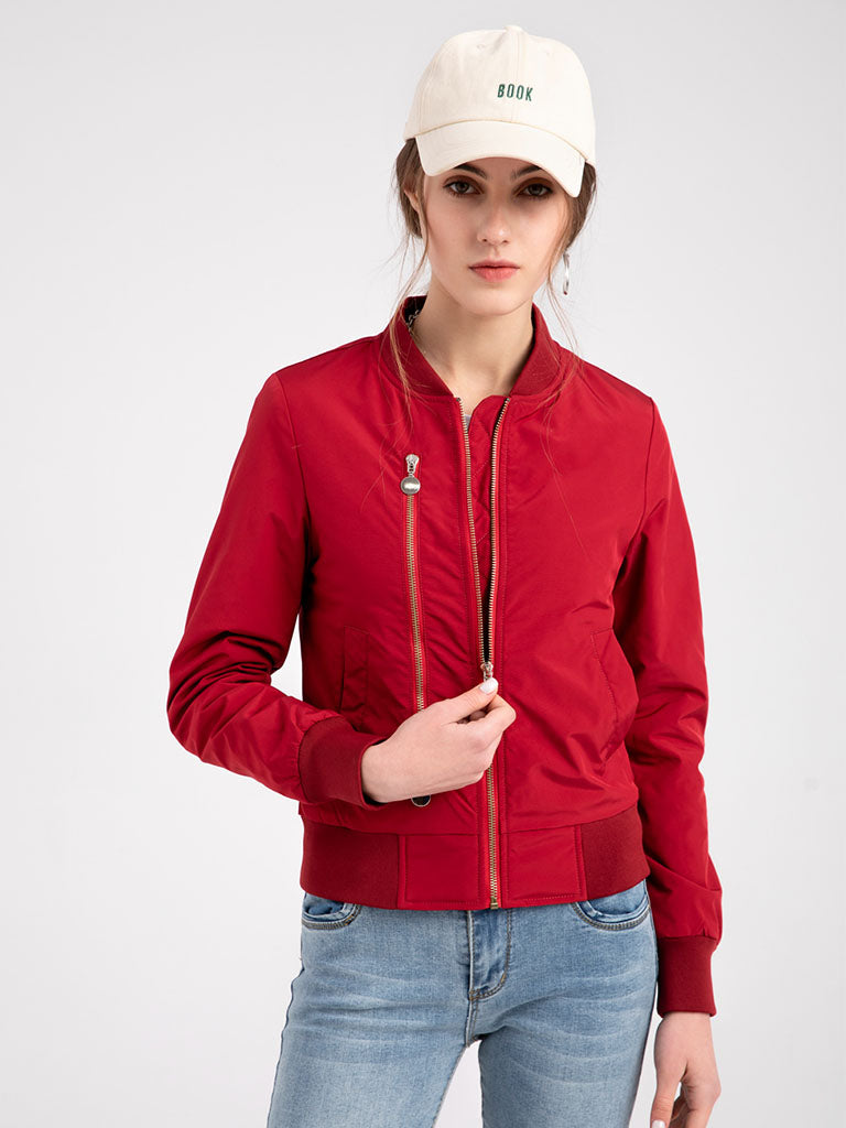 Pilot Style Jacket Daily Zippered Fall Winter Casual Solid Color Stand Collar Sporty Jacket For Women