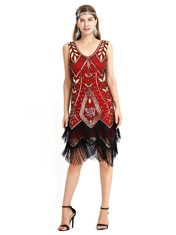 Wine Red 1920s V Neck Sequined Fringed Flapper Dres