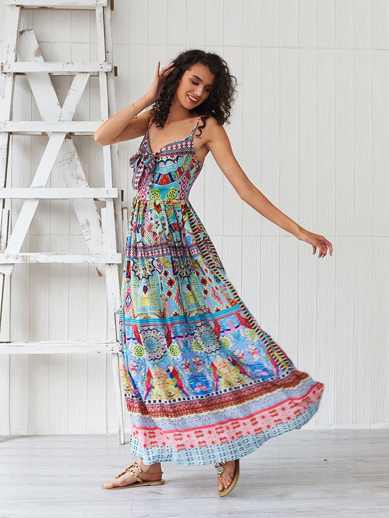 Boho Dress Spaghetti Strap Bow Split Floral Printed Maxi Dress