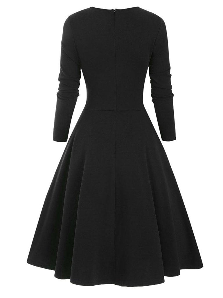 1950S Bow Heart Collar Plaid Long Sleeve Swing Dress