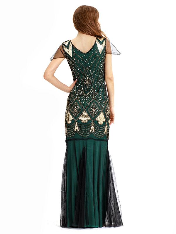 Green 1920s V Neck Sequined Long Flapper Dress