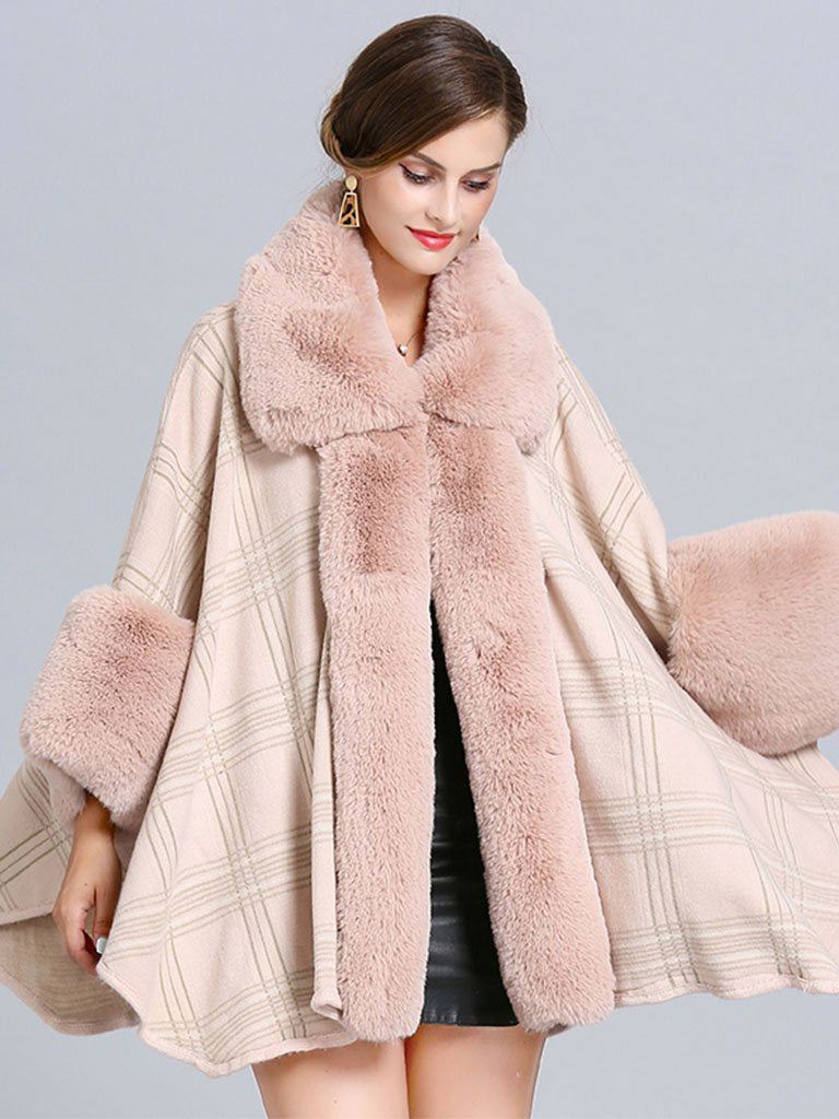 Plaid Poncho Sweater Faux Fur Coat Shawl Collar