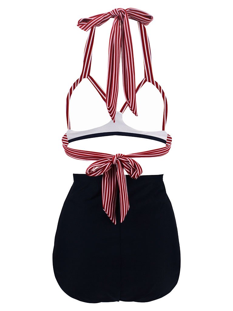 Concise Backless Retro Style Striated Two Pieces Bikini Bathing Suit