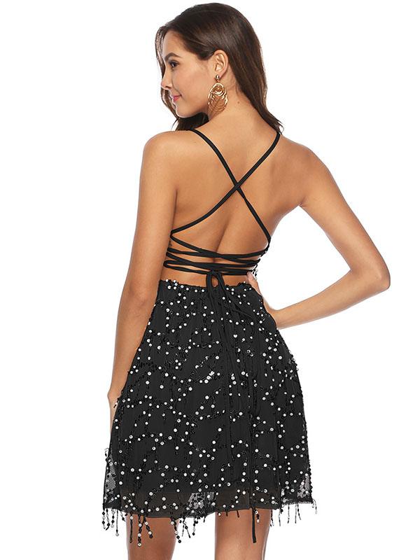 Sequin Spaghetti Strap Cross Back Party Prom Dress