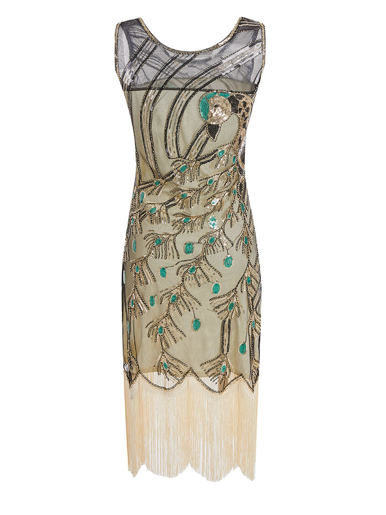 Green Peacock Feather Embroidered 1920S Gatsby Sequined Flapper Dress Set