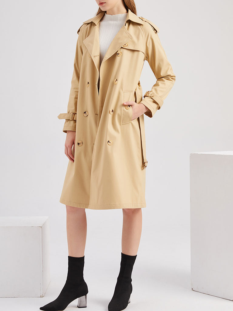Trench Coat Going out Fall Winter Turndown Collar Button Waisted Solid Color Long Coat