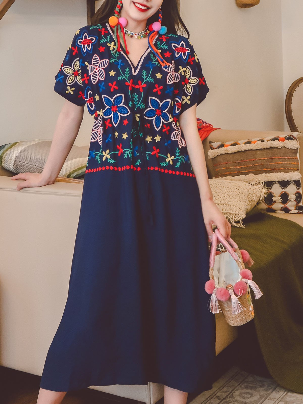 Jolly Vintage Bohemian V Neck Embroidered Floral Short Sleeve Boho Dress